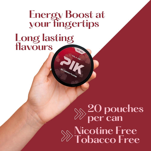 PIK Caffeine Pouches - Cola Ice Flavor | 20 Pouches -100mg Strength Each | Nicotine & Tobacco Free | Energy Boost & Workout Supplement | Coffee Addicts' Delight