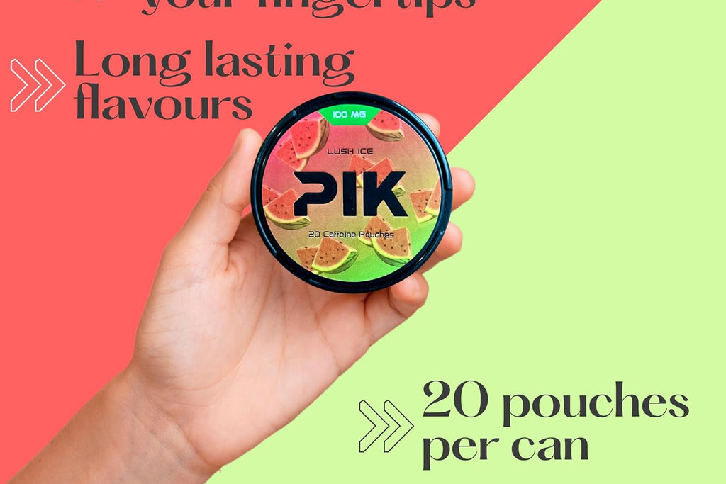 PIK Caffeine Pouches - Lush Ice Flavor | 20 Pouches -100mg Strength Each | Nicotine & Tobacco Free | Energy Boost & Workout Supplement | Coffee Addicts' Delight | Cool & Fruity