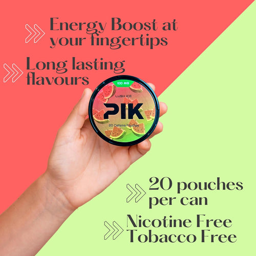 PIK Caffeine Pouches - Lush Ice Flavor | 20 Pouches -100mg Strength Each | Nicotine & Tobacco Free | Energy Boost & Workout Supplement | Coffee Addicts' Delight