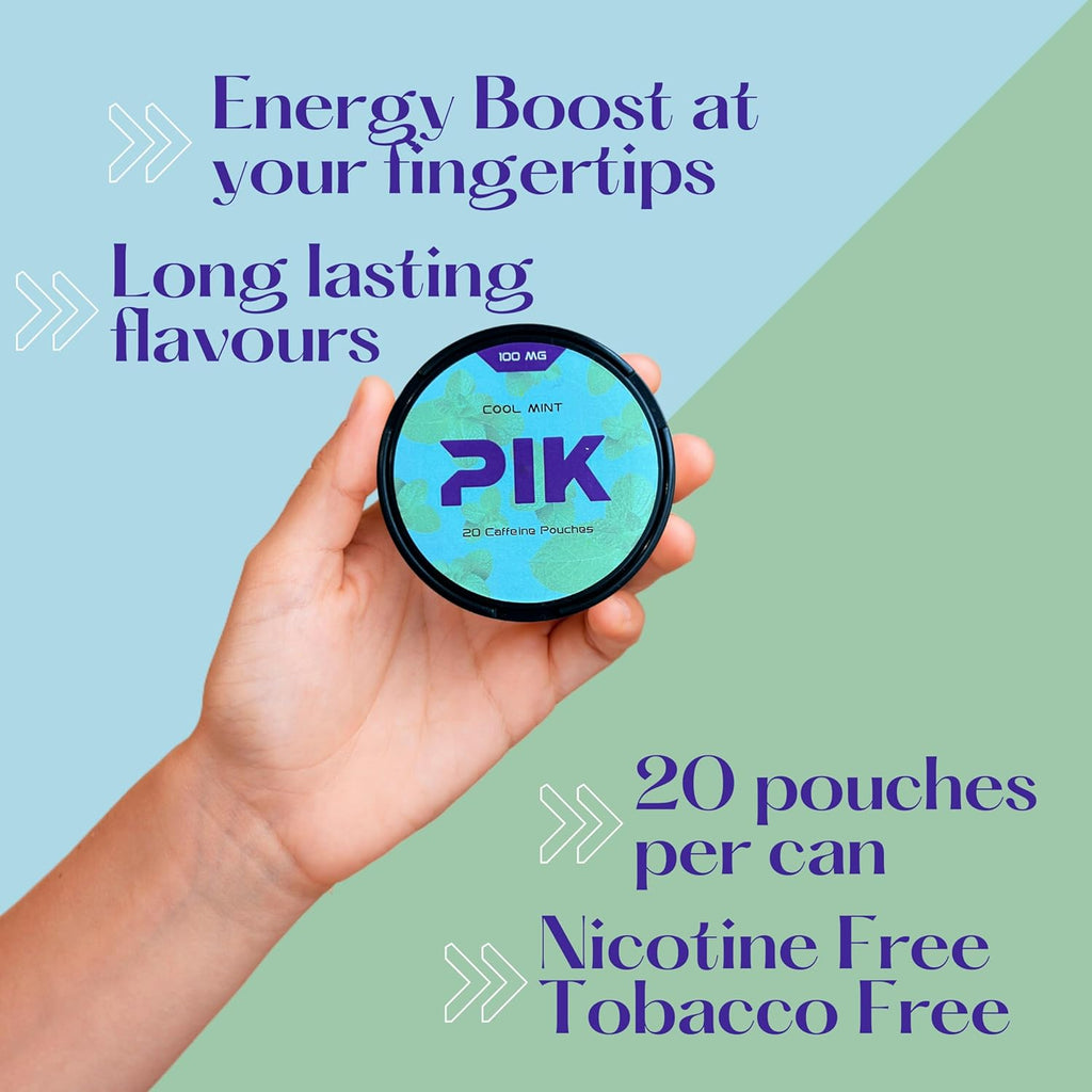 PIK Caffeine Pouches - Cool Mint Flavor | 20 Pouches -100mg Strength Each | Nicotine & Tobacco Free | Energy Boost & Workout Supplement | Coffee Addicts' Delight