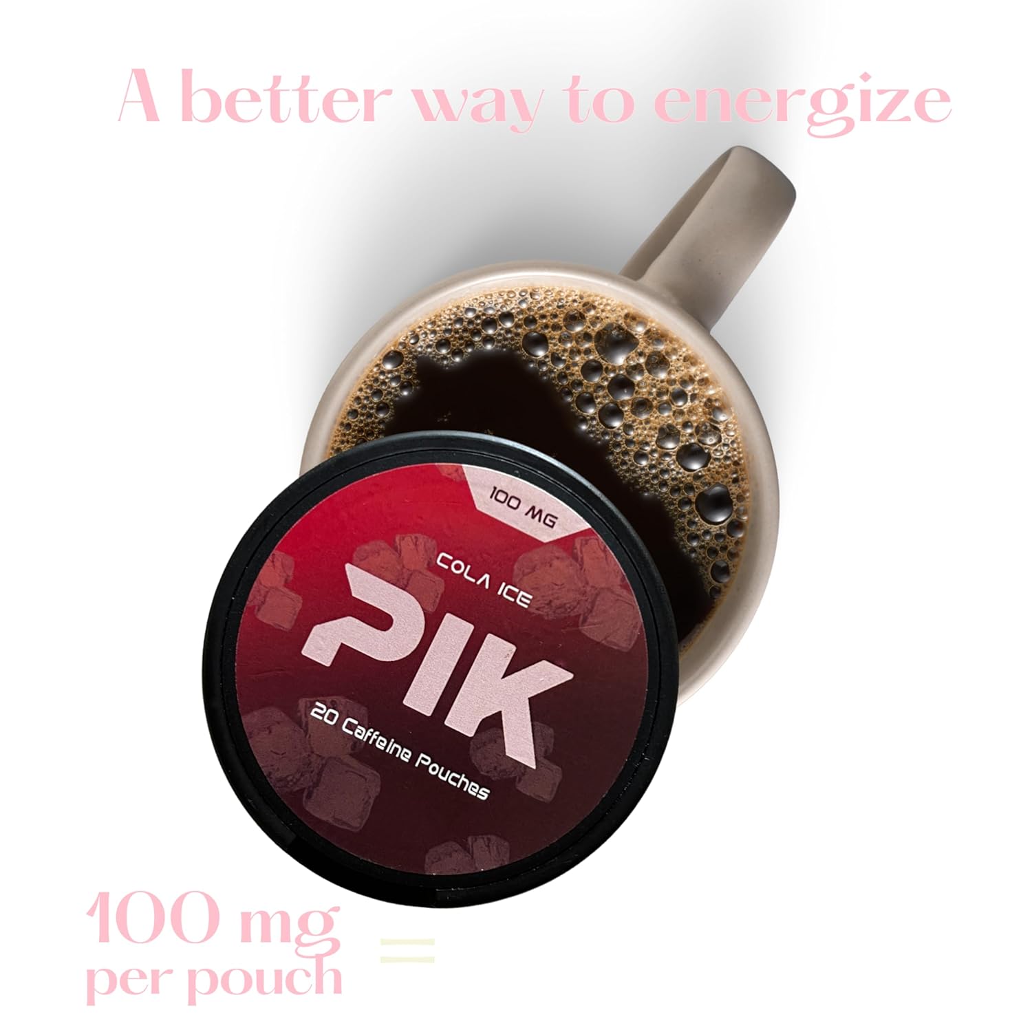 PIK Caffeine Pouches - Cola Ice Flavor | 20 Pouches -100mg Strength Each | Nicotine & Tobacco Free | Energy Boost & Workout Supplement | Coffee Addicts' Delight