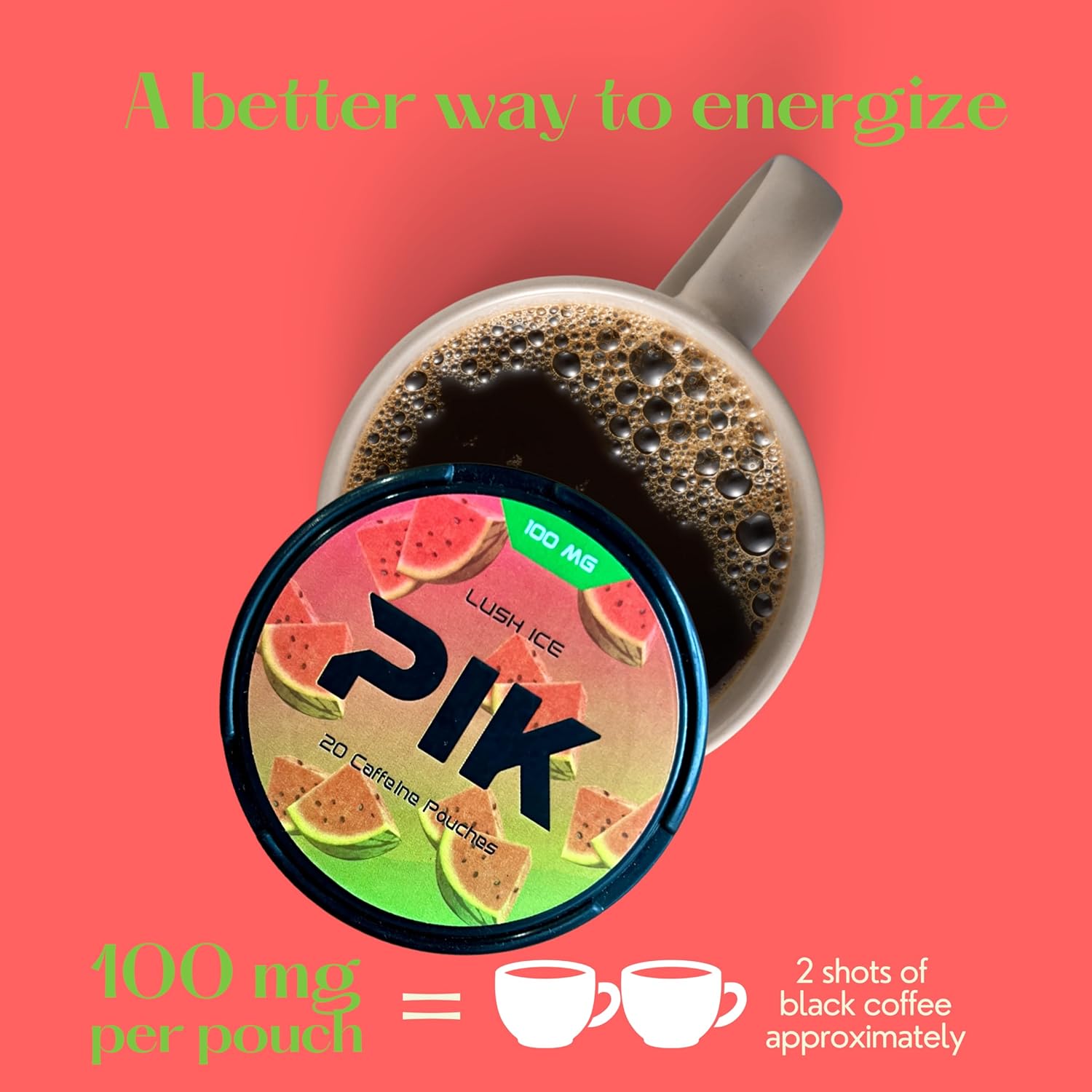 PIK Caffeine Pouches - Lush Ice Flavor | 20 Pouches -100mg Strength Each | Nicotine & Tobacco Free | Energy Boost & Workout Supplement | Coffee Addicts' Delight | Cool & Fruity