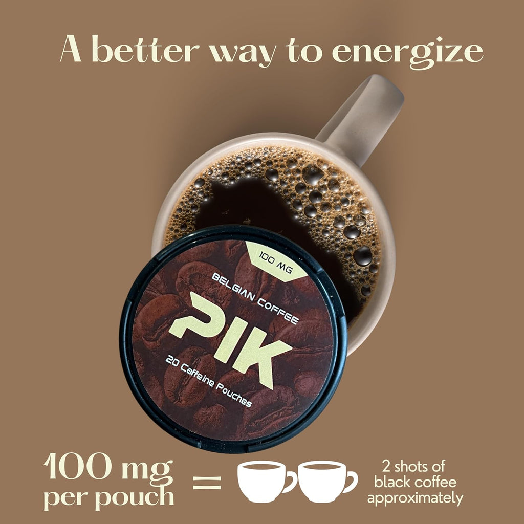 PIK Caffeine Pouches - Belgian Coffee Flavor | 20 Pouches -100mg Strength Each | Nicotine & Tobacco Free | Energy Boost & Workout Supplement | Coffee Addicts' Delight