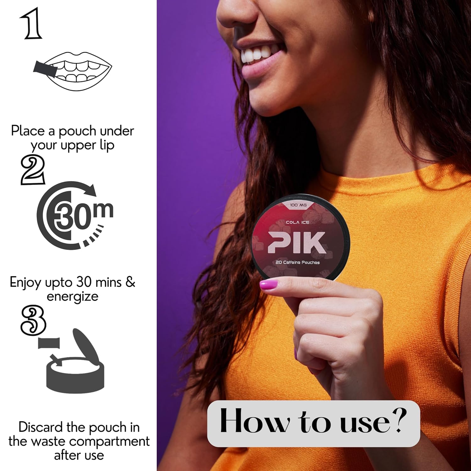PIK Caffeine Pouches - Cola Ice Flavor | 20 Pouches -100mg Strength Each | Nicotine & Tobacco Free | Energy Boost & Workout Supplement | Coffee Addicts' Delight