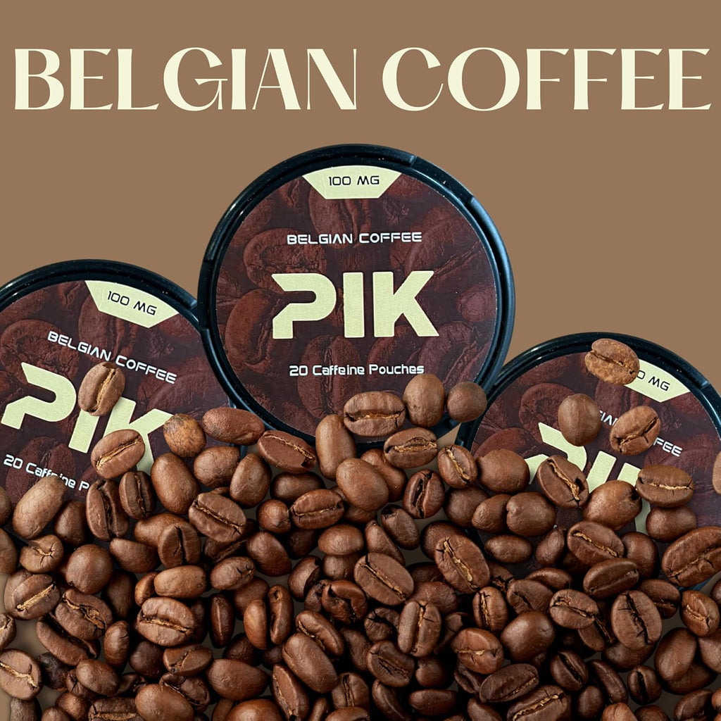 PIK Caffeine Pouches - Belgian Coffee Flavor | 20 Pouches -100mg Strength Each | Nicotine & Tobacco Free | Energy Boost & Workout Supplement | Coffee Addicts' Delight