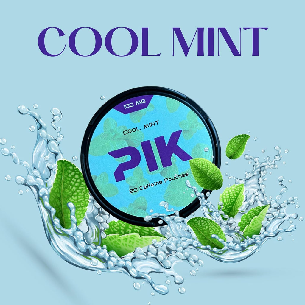 PIK Caffeine Pouches - Cool Mint Flavor | 20 Pouches -100mg Strength Each | Nicotine & Tobacco Free | Energy Boost & Workout Supplement | Coffee Addicts' Delight