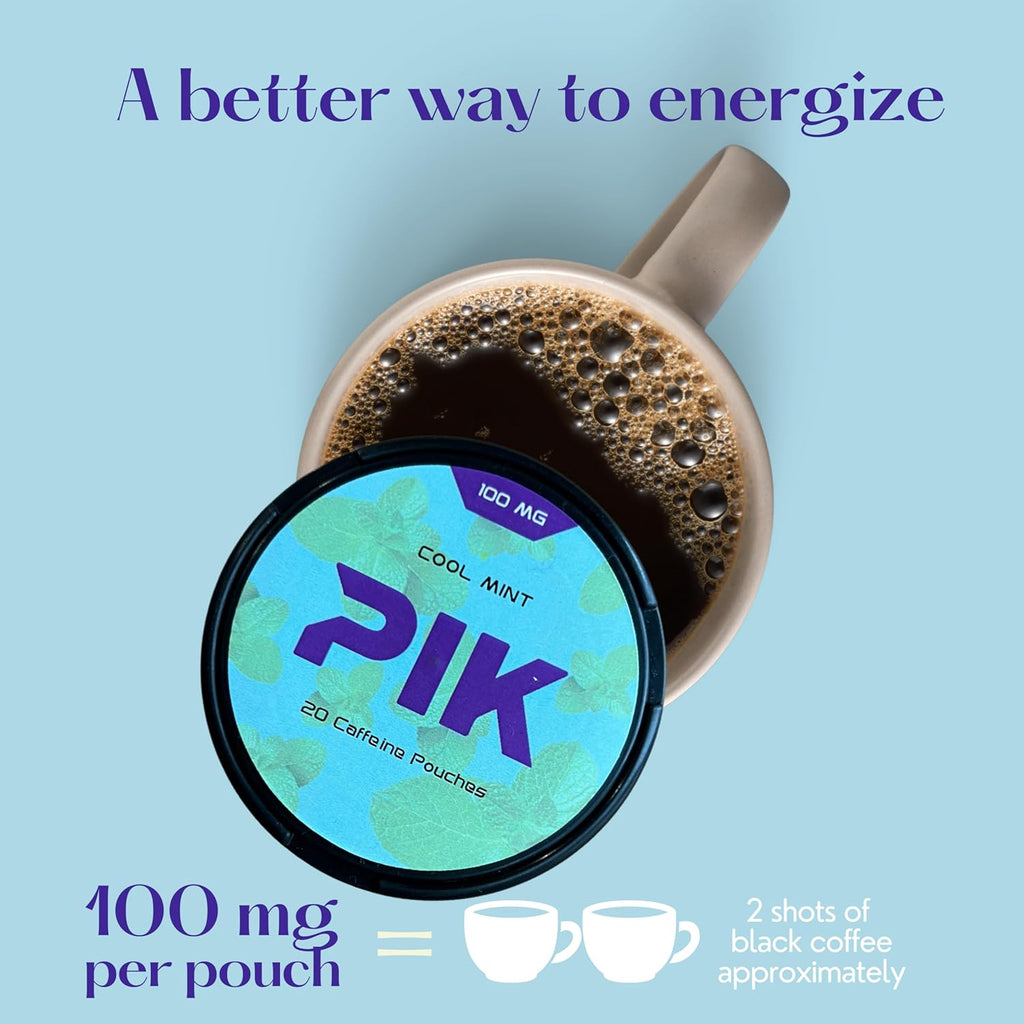 PIK Caffeine Pouches - Cool Mint Flavor | 20 Pouches -100mg Strength Each | Nicotine & Tobacco Free | Energy Boost & Workout Supplement | Coffee Addicts' Delight