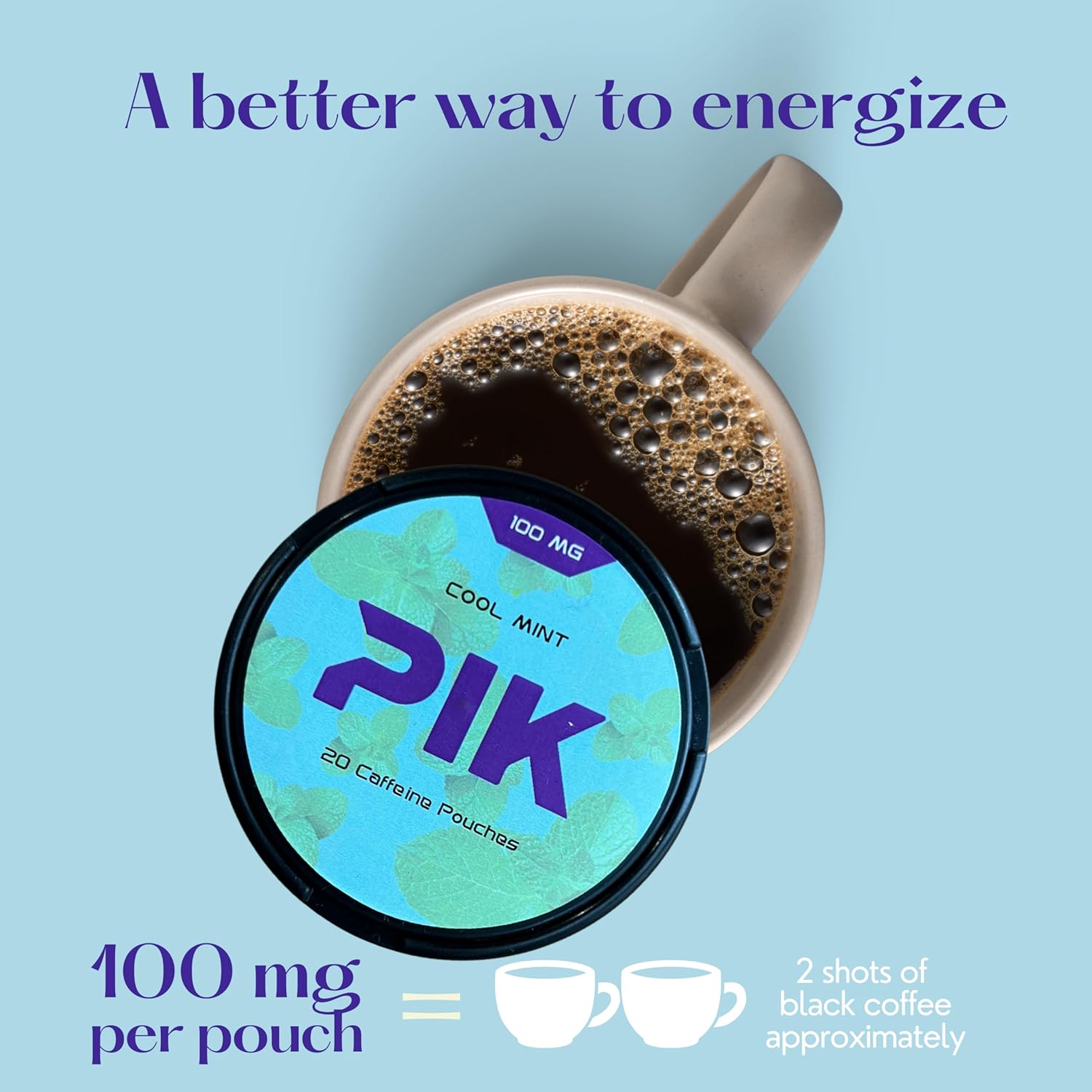 PIK Caffeine Pouches - Cool Mint Flavor | 20 Pouches -100mg Strength Each | Nicotine & Tobacco Free | Energy Boost & Workout Supplement | Coffee Addicts' Delight