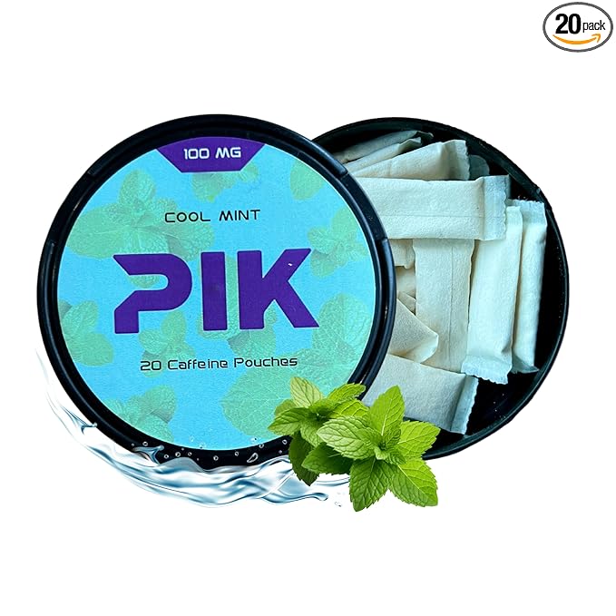 PIK Caffeine Pouches - Cool Mint Flavor | 20 Pouches -100mg Strength Each | Nicotine & Tobacco Free | Energy Boost & Workout Supplement | Coffee Addicts' Delight