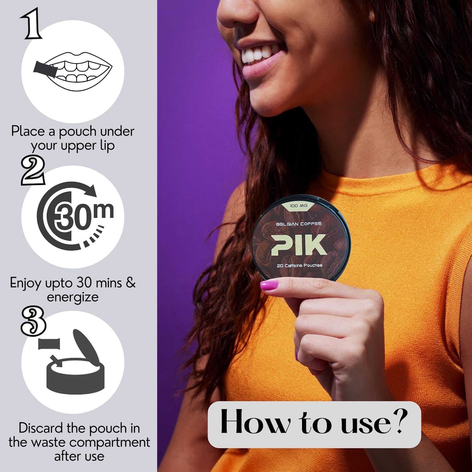 PIK Caffeine Pouches - Belgian Coffee Flavor | 20 Pouches -100mg Strength Each | Nicotine & Tobacco Free | Energy Boost & Workout Supplement | Coffee Addicts' Delight