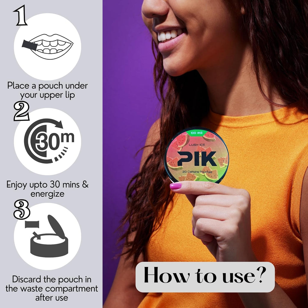 PIK Caffeine Pouches - Lush Ice Flavor | 20 Pouches -100mg Strength Each | Nicotine & Tobacco Free | Energy Boost & Workout Supplement | Coffee Addicts' Delight | Cool & Fruity