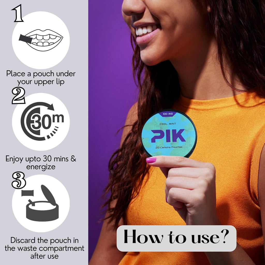 PIK Caffeine Pouches - Cool Mint Flavor | 20 Pouches -100mg Strength Each | Nicotine & Tobacco Free | Energy Boost & Workout Supplement | Coffee Addicts' Delight