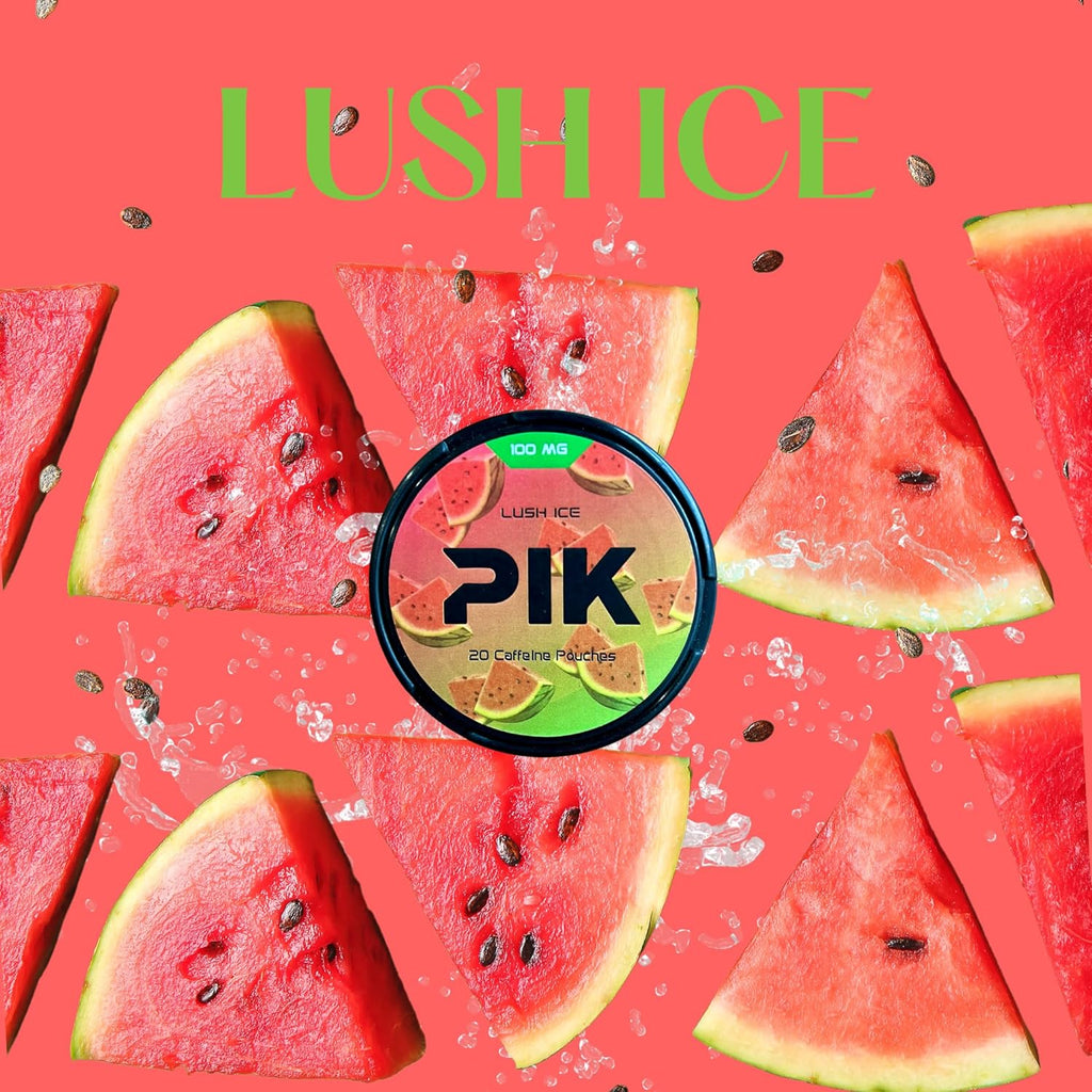 PIK Caffeine Pouches - Lush Ice Flavor | 20 Pouches -100mg Strength Each | Nicotine & Tobacco Free | Energy Boost & Workout Supplement | Coffee Addicts' Delight | Cool & Fruity