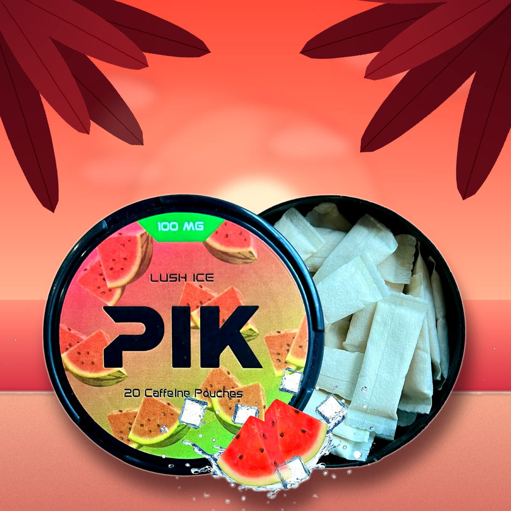 PIK Caffeine Pouches - Lush Ice Flavor | 20 Pouches -100mg Strength Each | Nicotine & Tobacco Free | Energy Boost & Workout Supplement | Coffee Addicts' Delight | Cool & Fruity